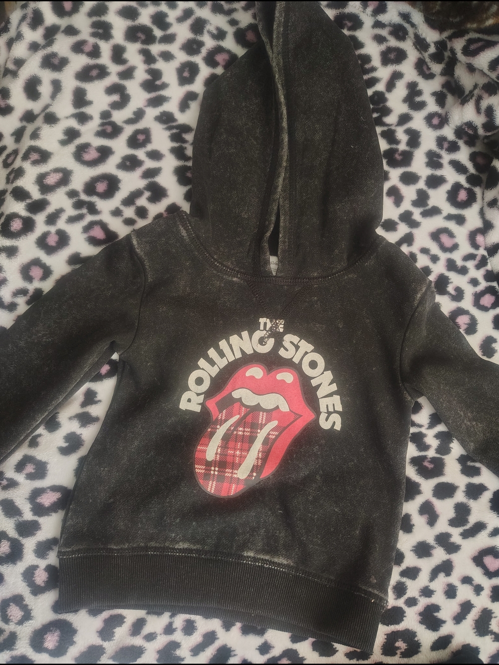 the Rolling Stones Black Hoodie with Red Plaid Tongue Graphic - Kids